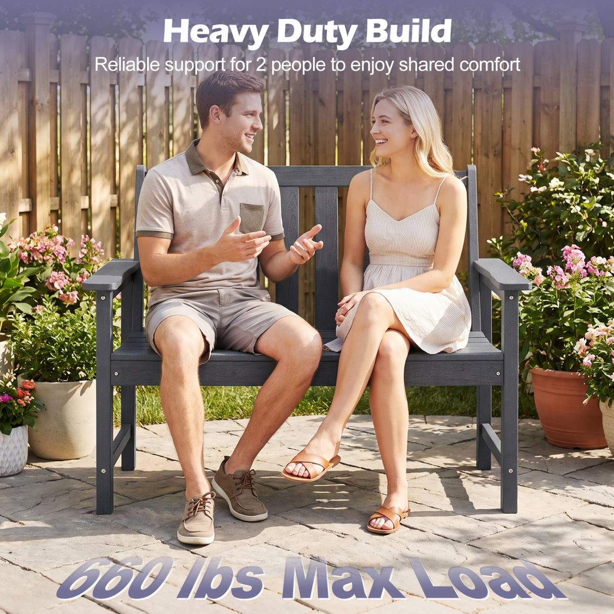 2-Person HDPE Outdoor Garden Bench with Backrest