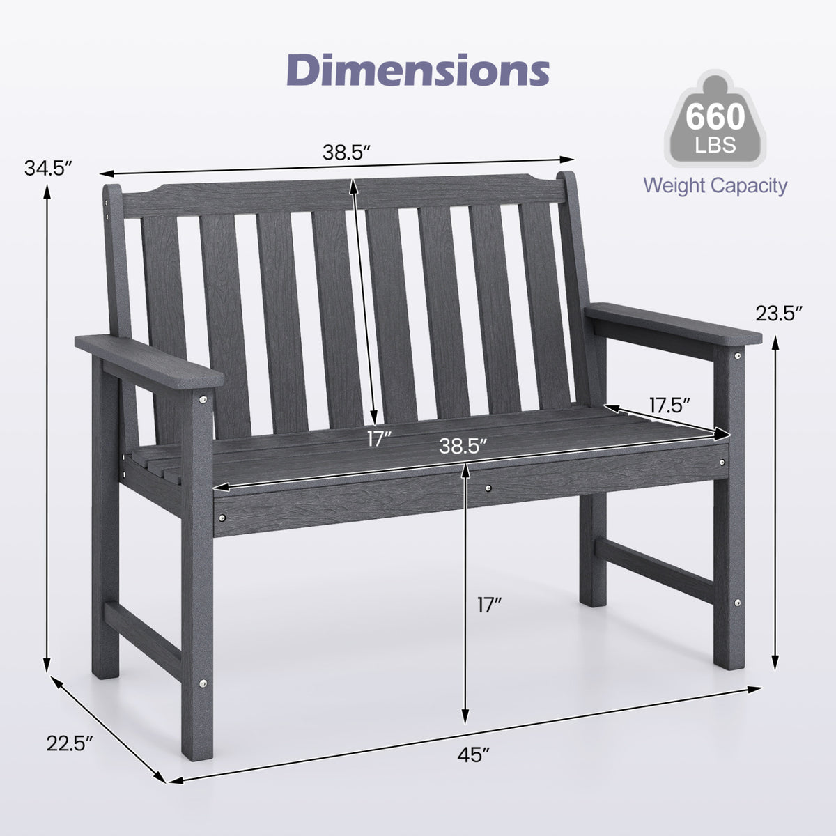 2-Person HDPE Outdoor Garden Bench with Backrest