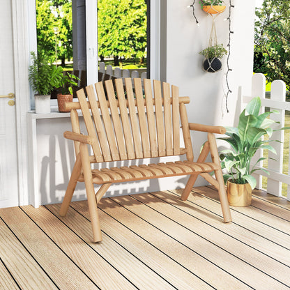 2-Person Log Wood Patio Bench with Slatted Backrest