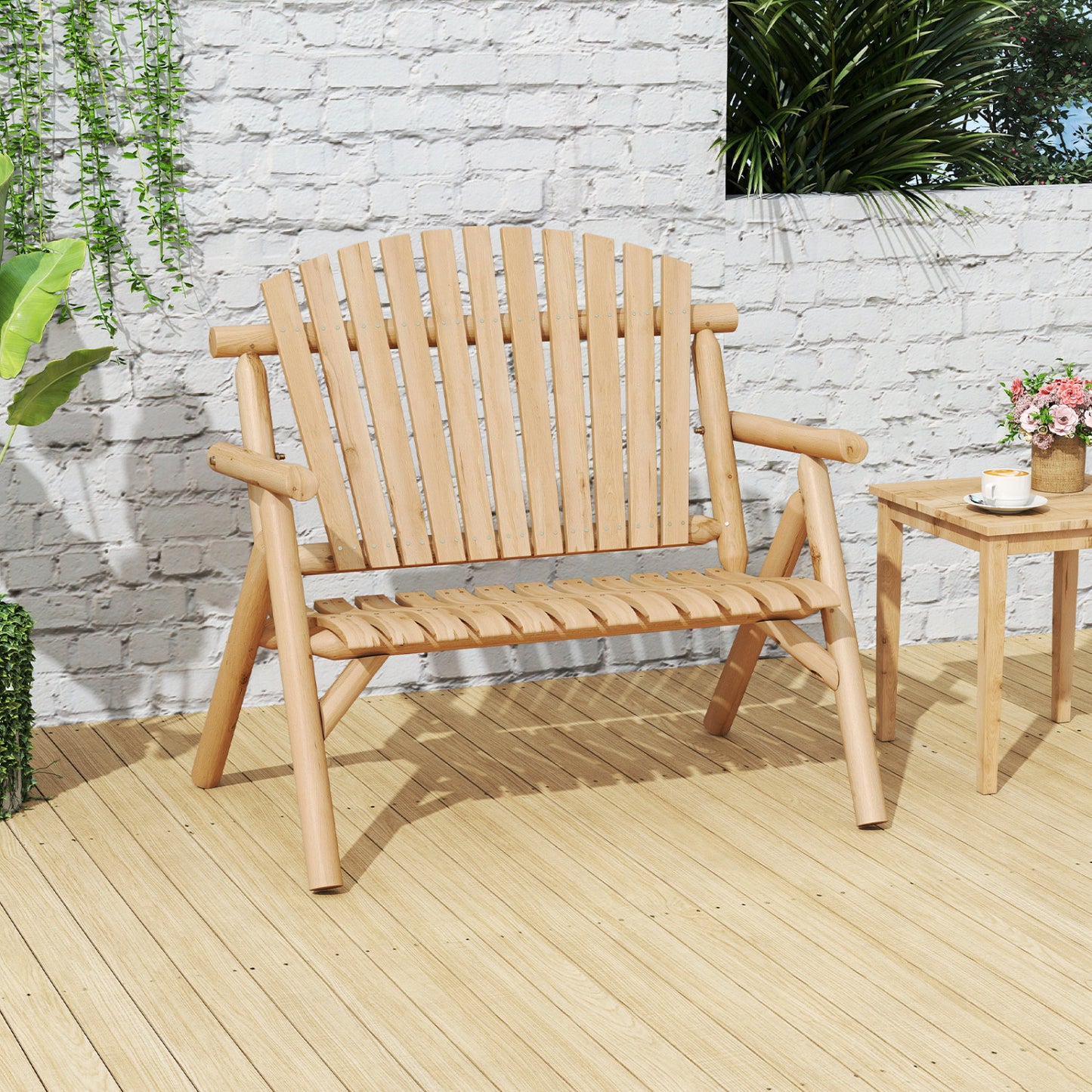 2-Person Log Wood Patio Bench with Slatted Backrest
