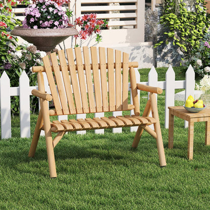 2-Person Log Wood Patio Bench with Slatted Backrest