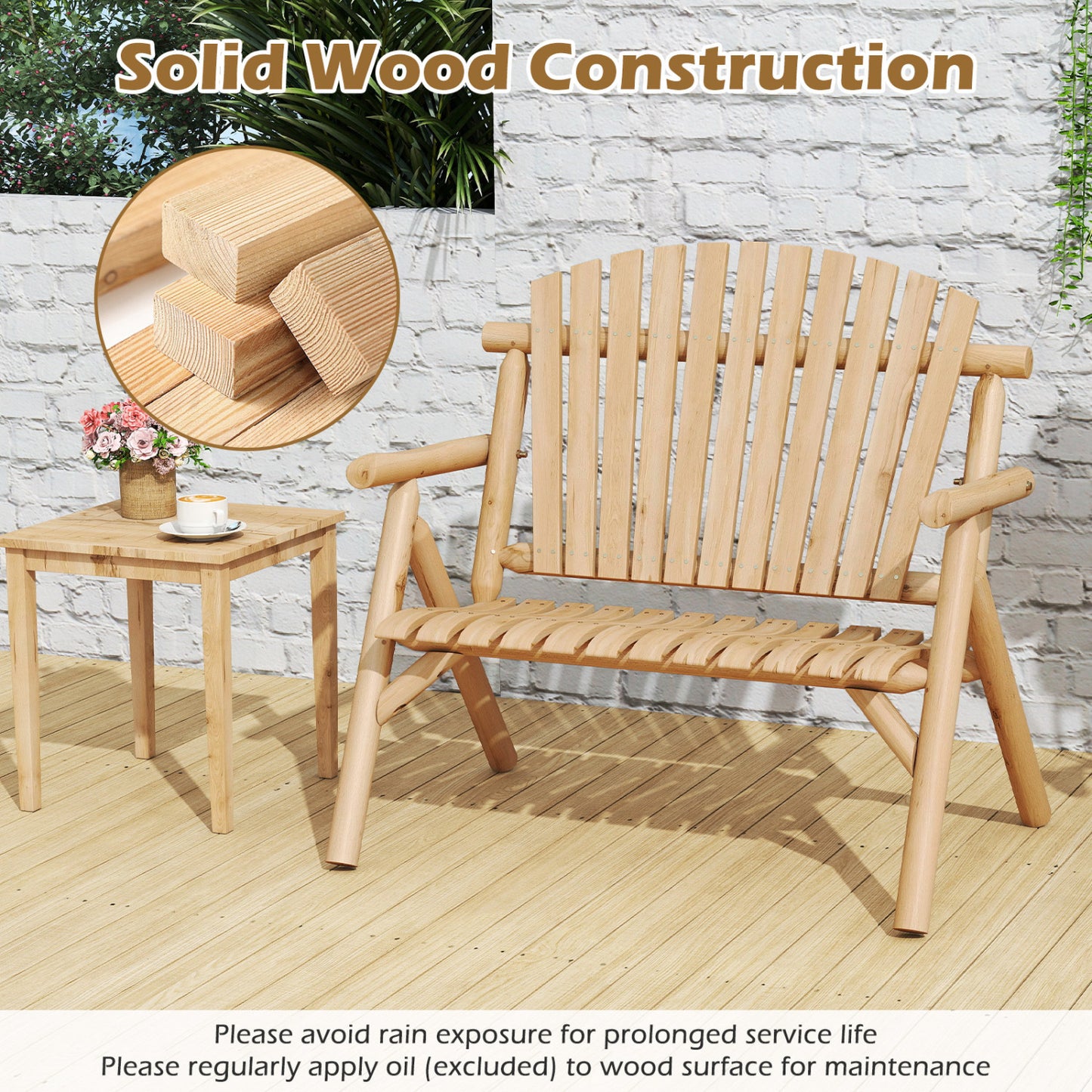 2-Person Log Wood Patio Bench with Slatted Backrest
