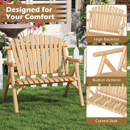 2-Person Log Wood Patio Bench with Slatted Backrest