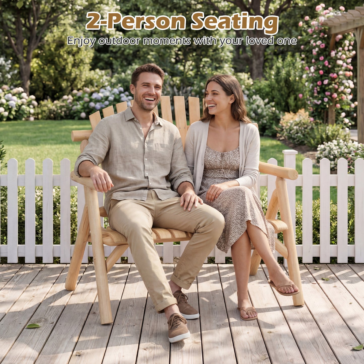 2-Person Log Wood Patio Bench with Slatted Backrest