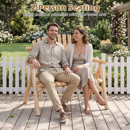 2-Person Log Wood Patio Bench with Slatted Backrest