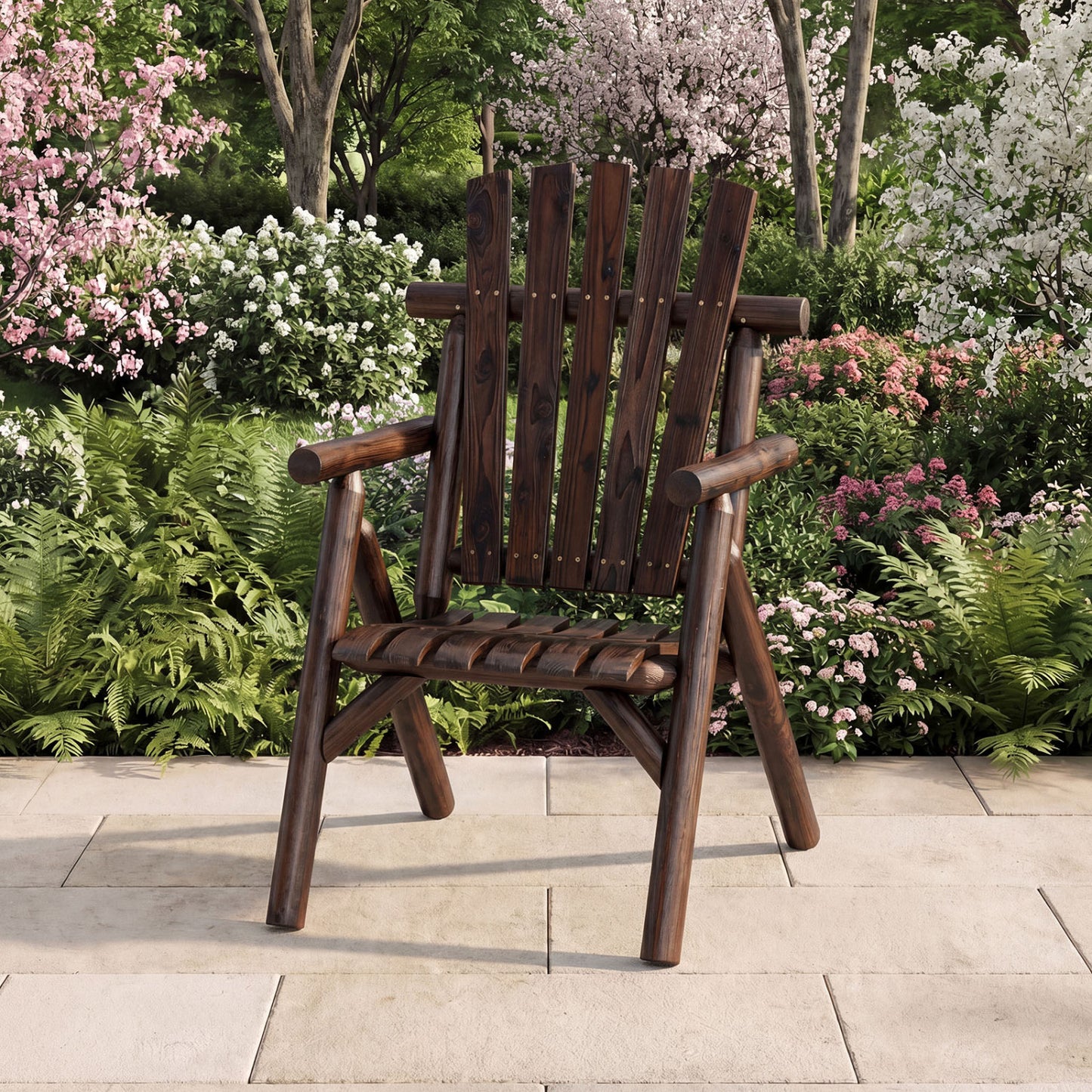Solid Wood Patio Chair with Curved Seat and Slatted Backrest