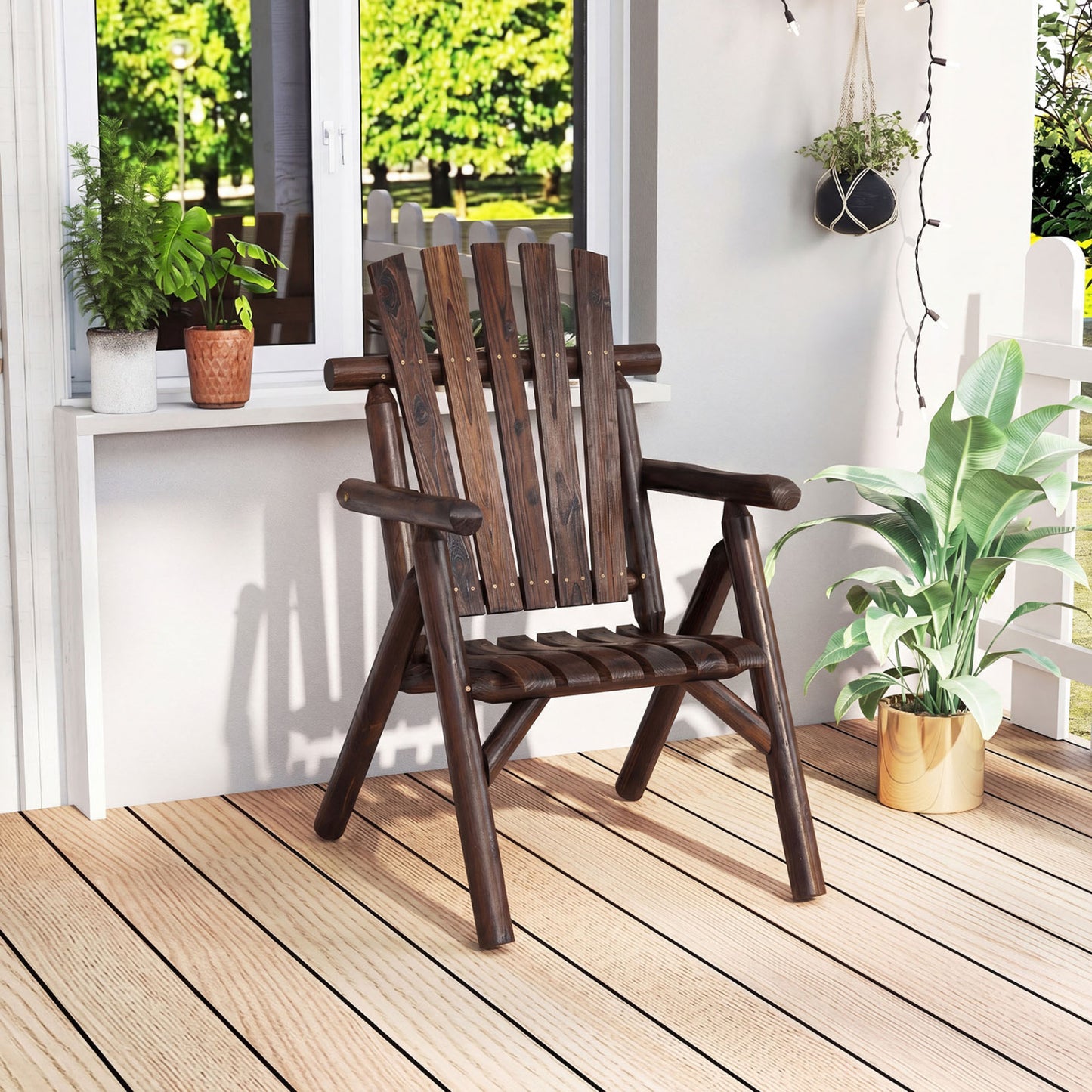 Solid Wood Patio Chair with Curved Seat and Slatted Backrest
