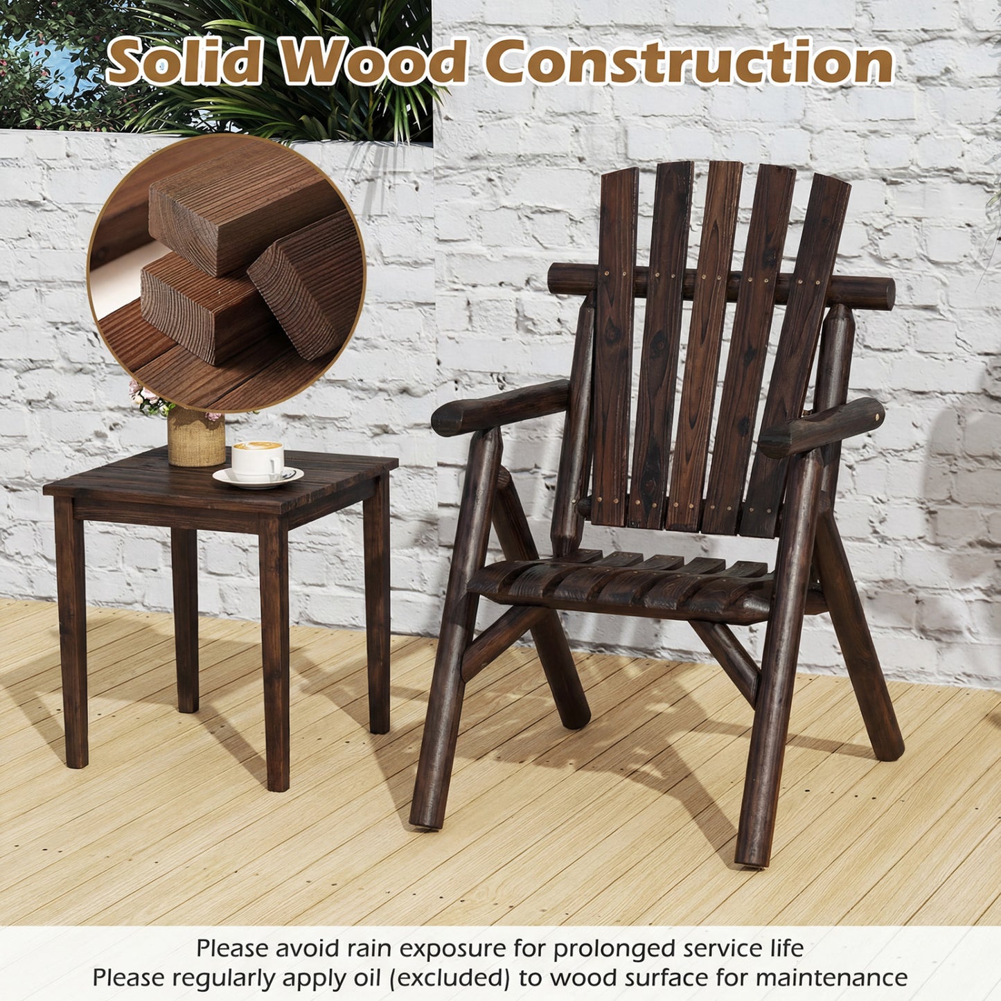 Solid Wood Patio Chair with Curved Seat and Slatted Backrest