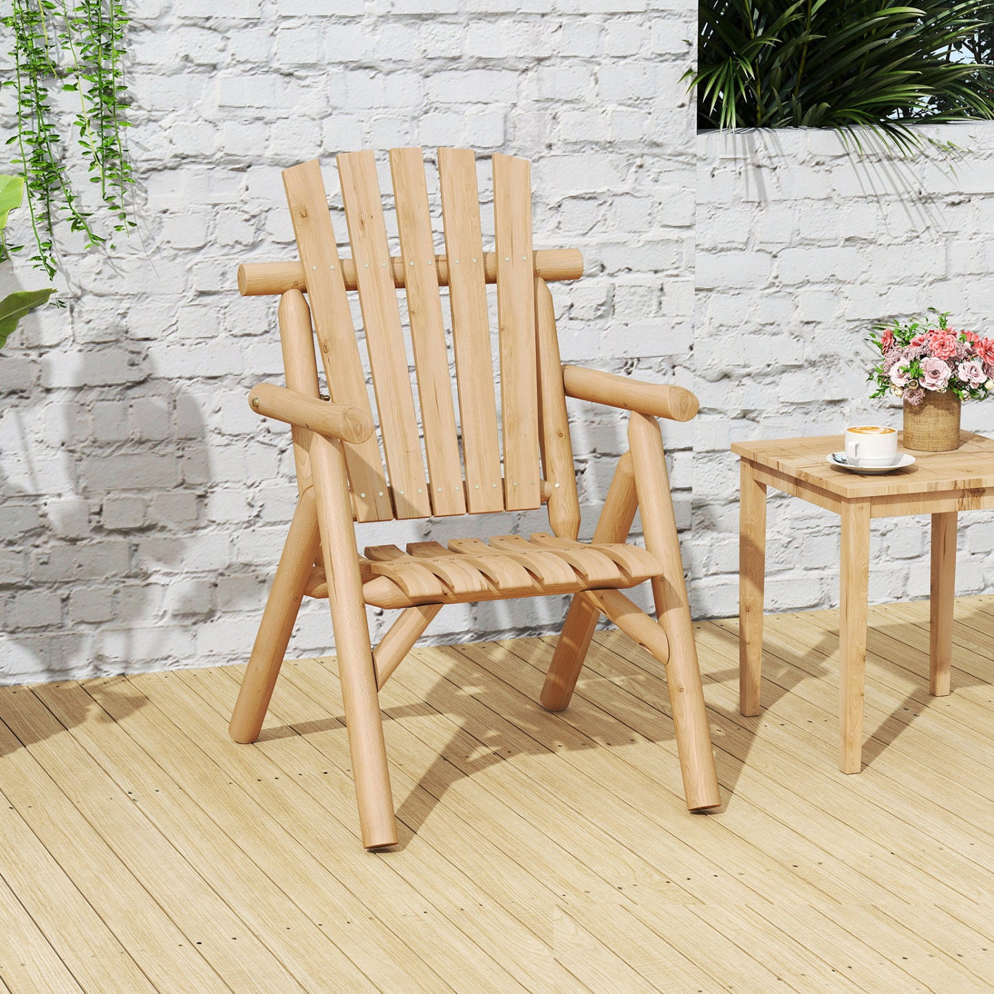 Solid Wood Patio Chair with Curved Seat and Slatted Backrest