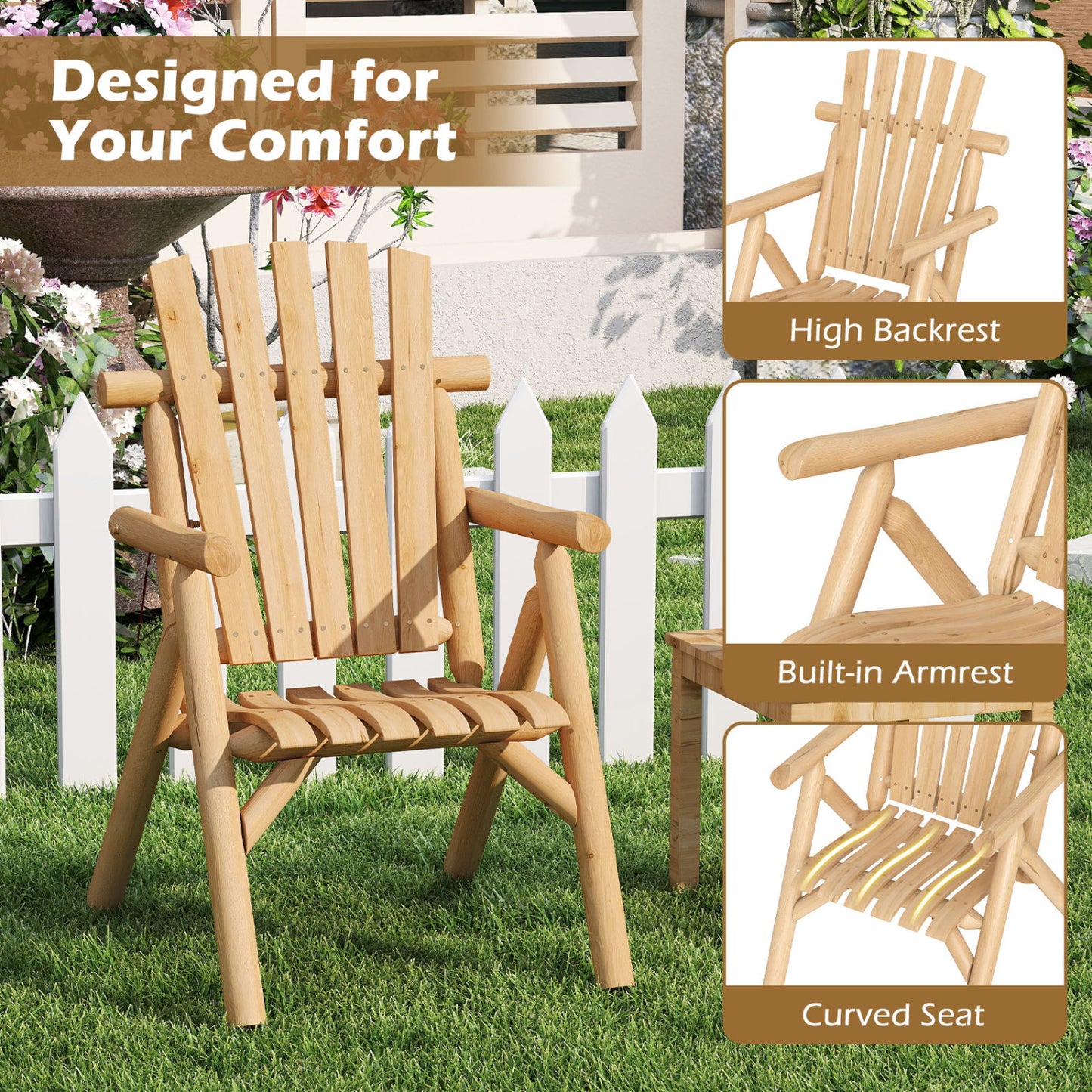 Solid Wood Patio Chair with Curved Seat and Slatted Backrest