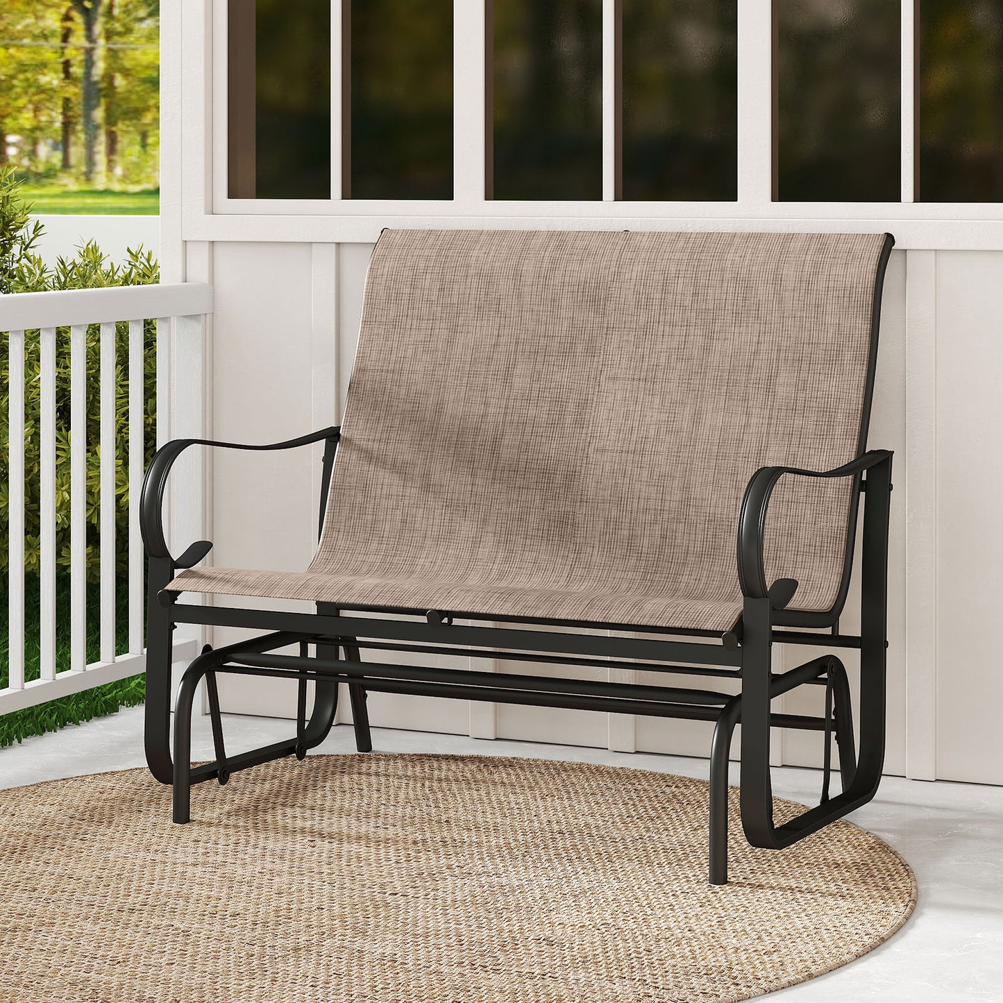 2-Person Outdoor Glider Bench with High Backrest-Brown