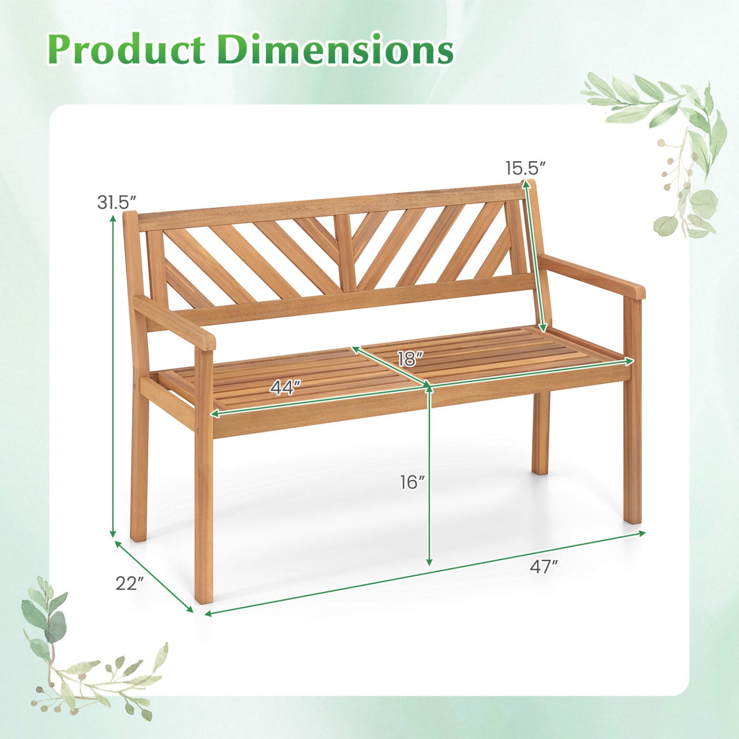 2-Person Patio Acacia Wood Garden Chair with Armrests and Backrest for Porch
