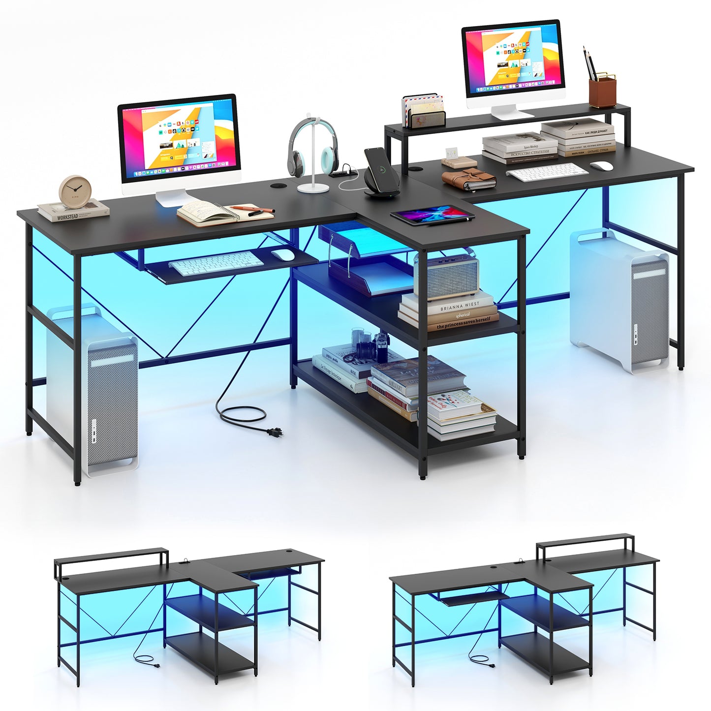 2-Person Reversible Computer Desk Long Office Desk with LED Lights-Black - Black