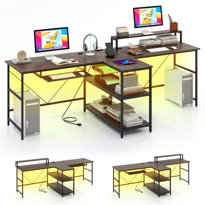 2-Person Reversible Computer Desk Long Office Desk with LED Lights-Black - Walnut