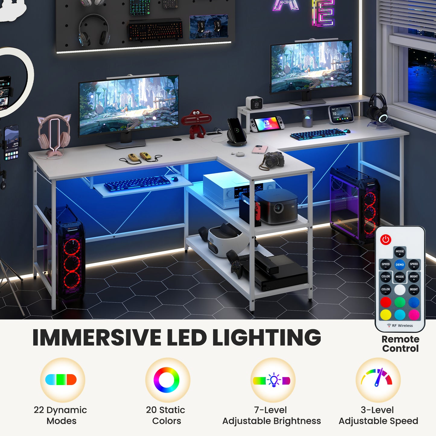 2-Person Reversible Computer Desk Long Office Desk with LED Lights