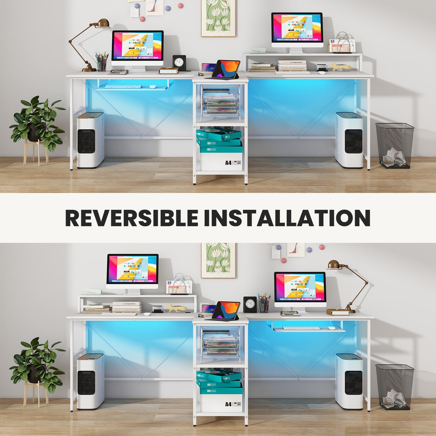 2-Person Reversible Computer Desk Long Office Desk with LED Lights