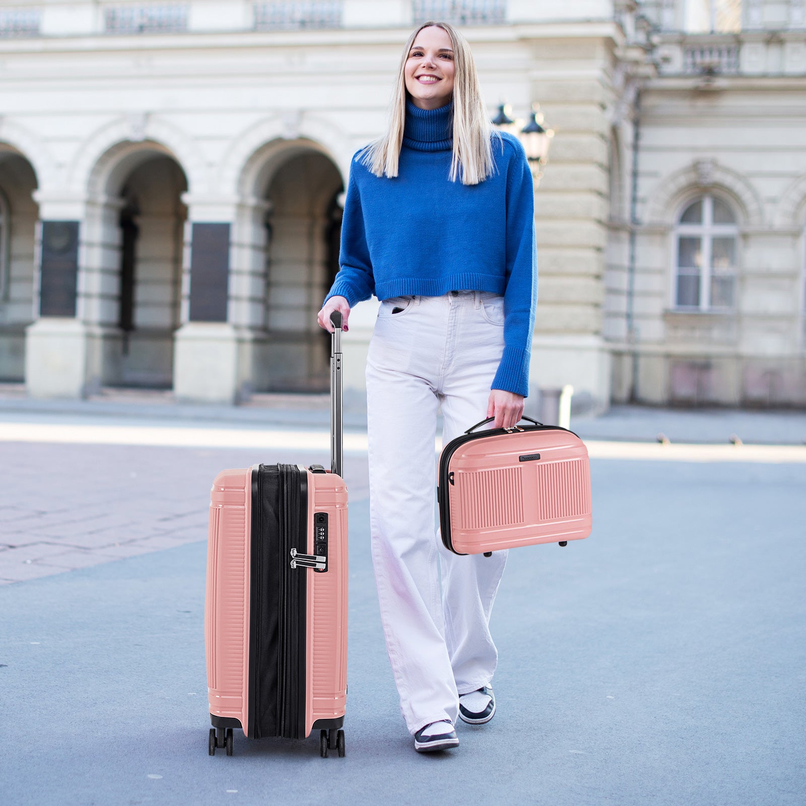 2-Piece Luggage Set 20 Inch Carry-on Suitcase and 14 Inch Cosmetic Case-Pink