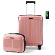 2-Piece Luggage Set 20 Inch Carry-on Suitcase and 14 Inch Cosmetic Case-Pink