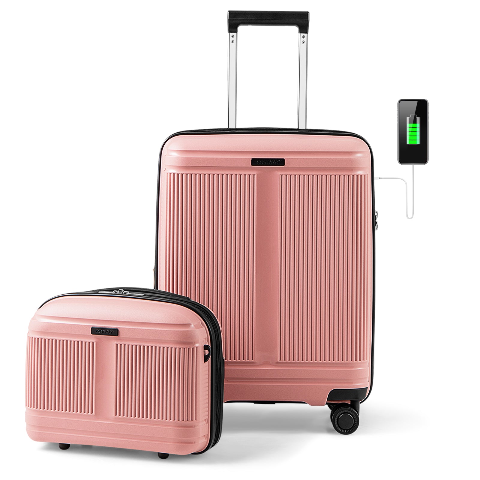 2-Piece Luggage Set 20 Inch Carry-on Suitcase and 14 Inch Cosmetic Case-Pink