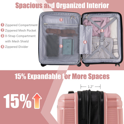 2-Piece Luggage Set 20 Inch Carry-on Suitcase and 14 Inch Cosmetic Case-Pink