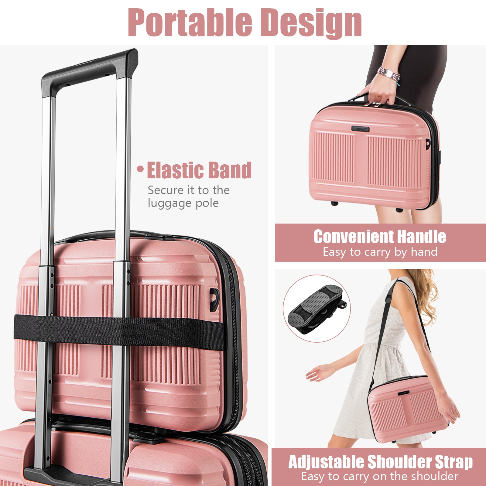 2-Piece Luggage Set 20 Inch Carry-on Suitcase and 14 Inch Cosmetic Case-Pink
