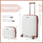 2-Piece Luggage Set 20 Inch Carry-on Suitcase and 14 Inch Cosmetic Case-White