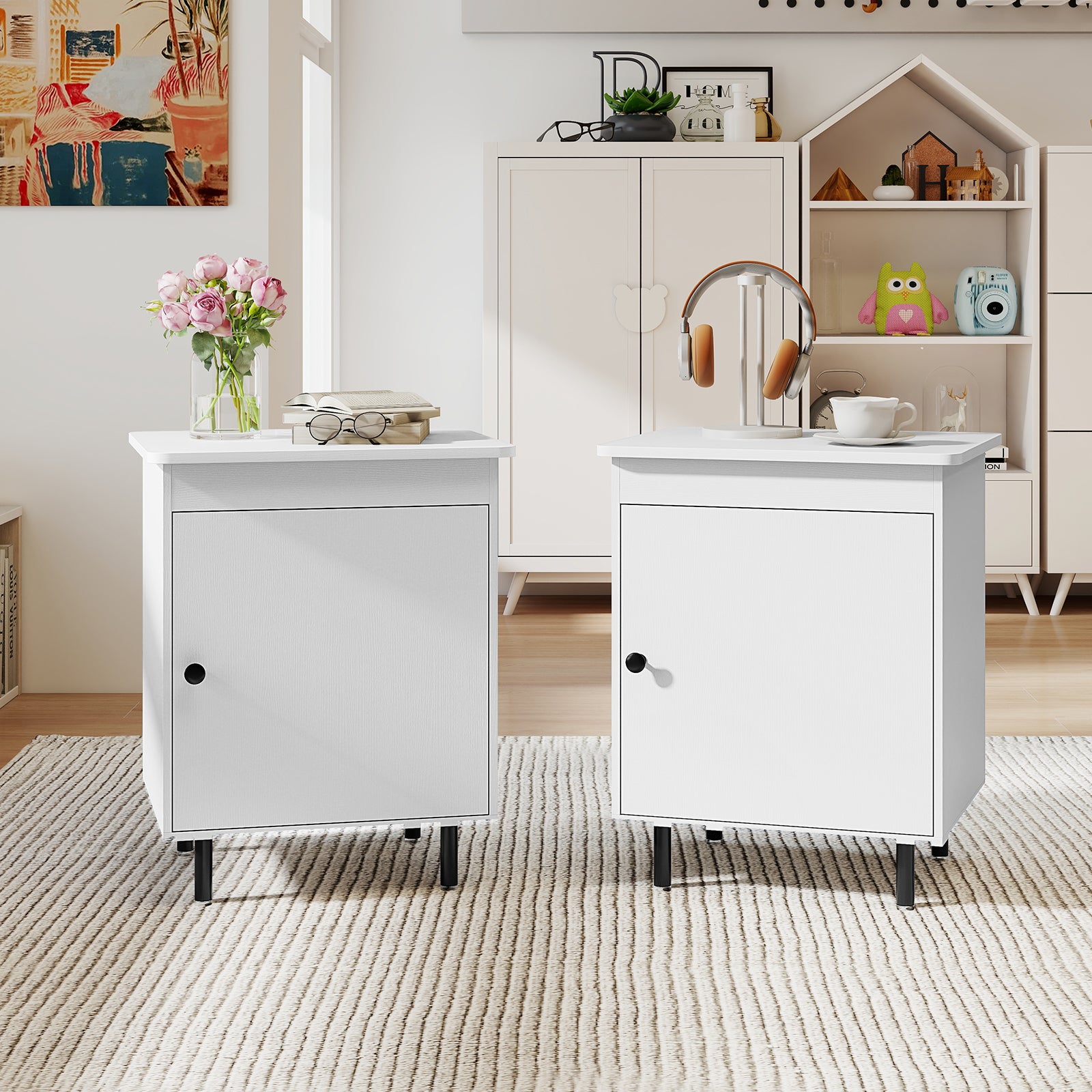 Nightstand Mid Century End Tables with Door-Set of 2