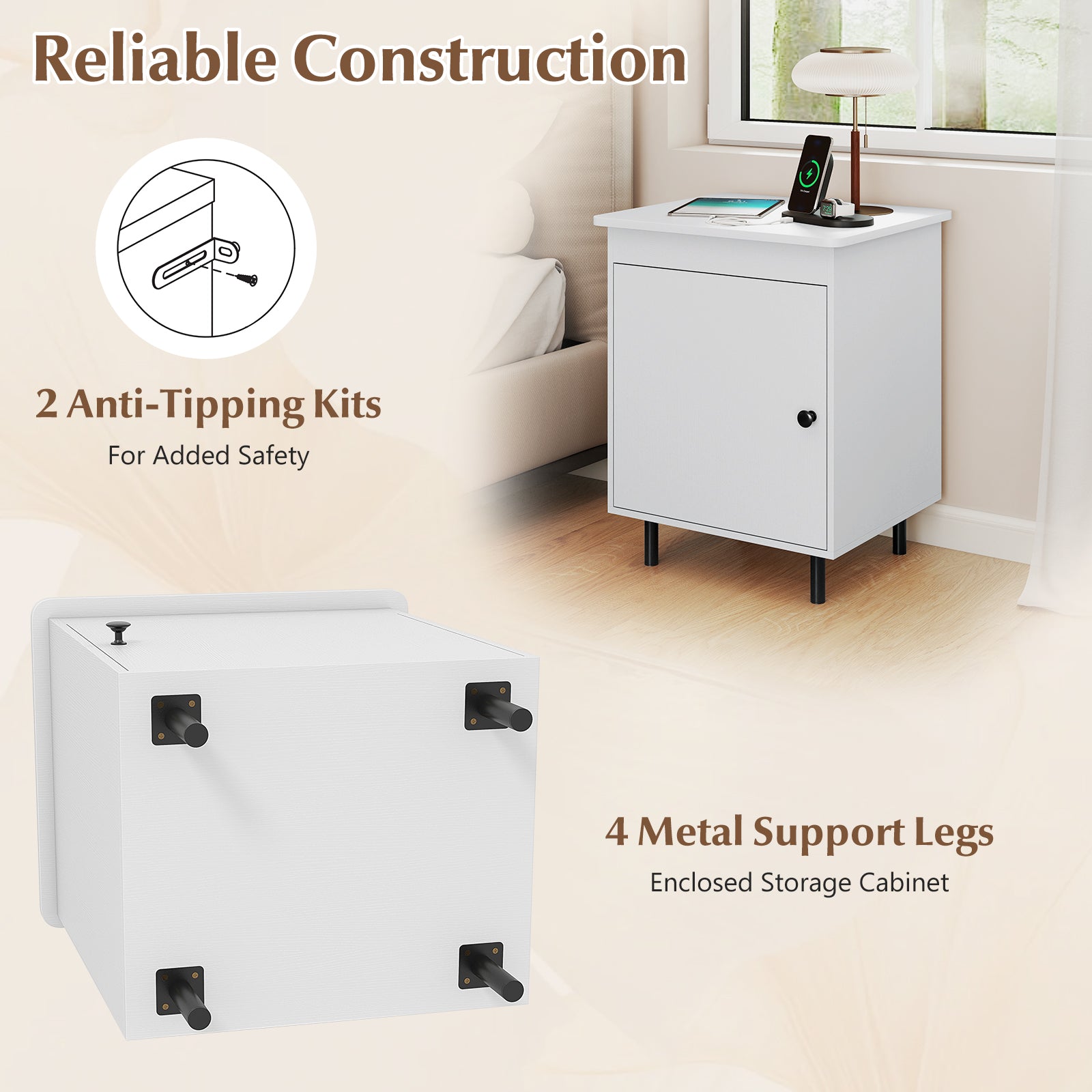 Nightstand Mid Century End Tables with Door-Set of 2