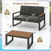 2 Piece Patio Aluminum Furniture Set with Wood-Plastic Armrests and Tabletop-Gray