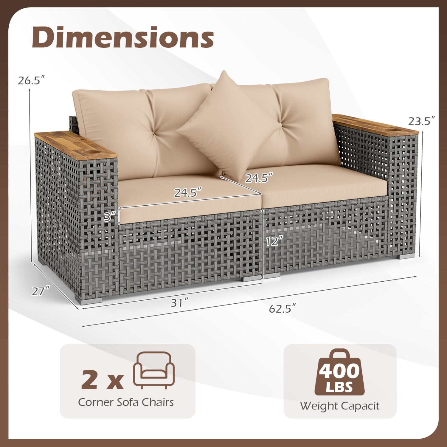 2-Piece Patio Corner Sofa Set with Thick Cushions-Beige