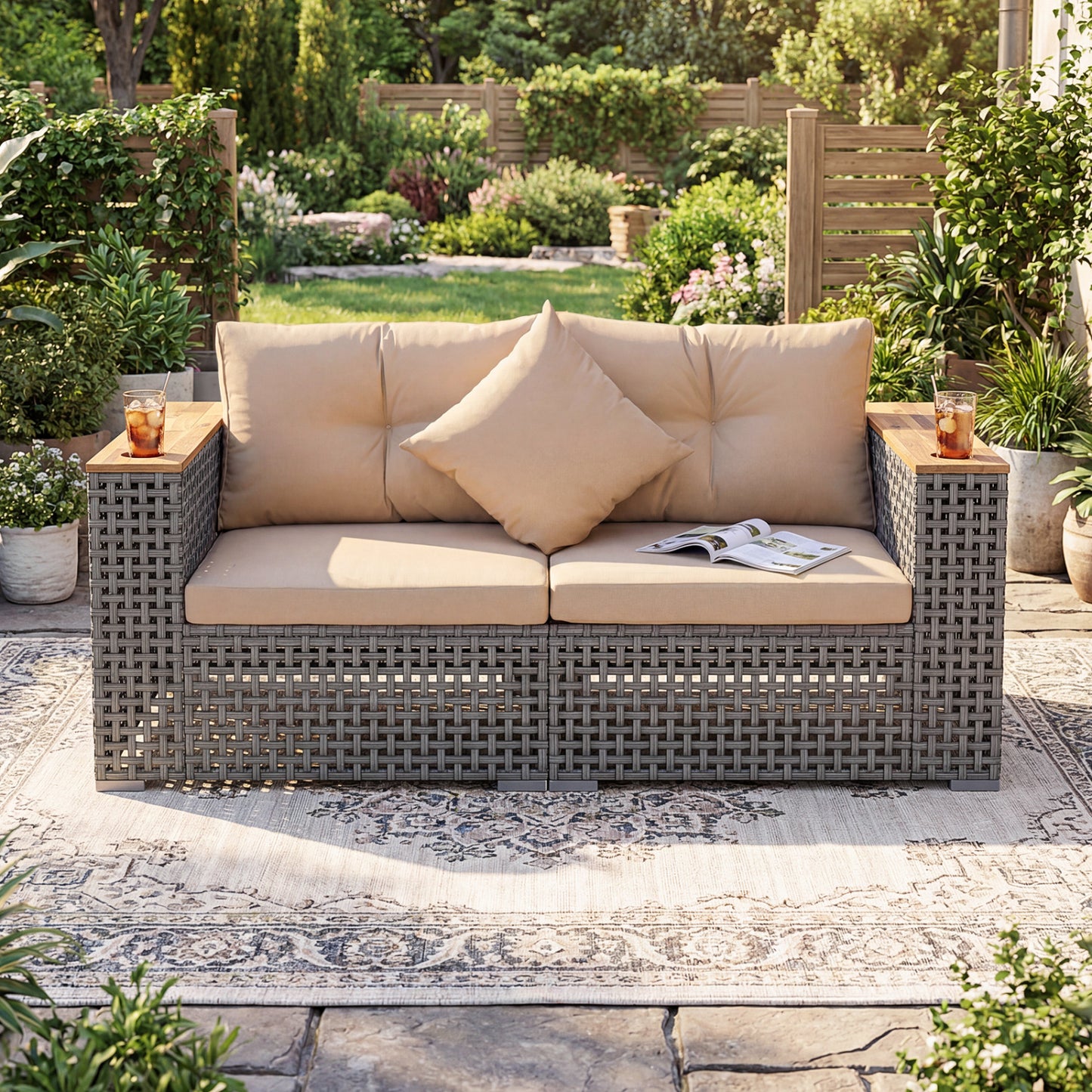 2-Piece Patio Corner Sofa Set with Thick Cushions-Beige