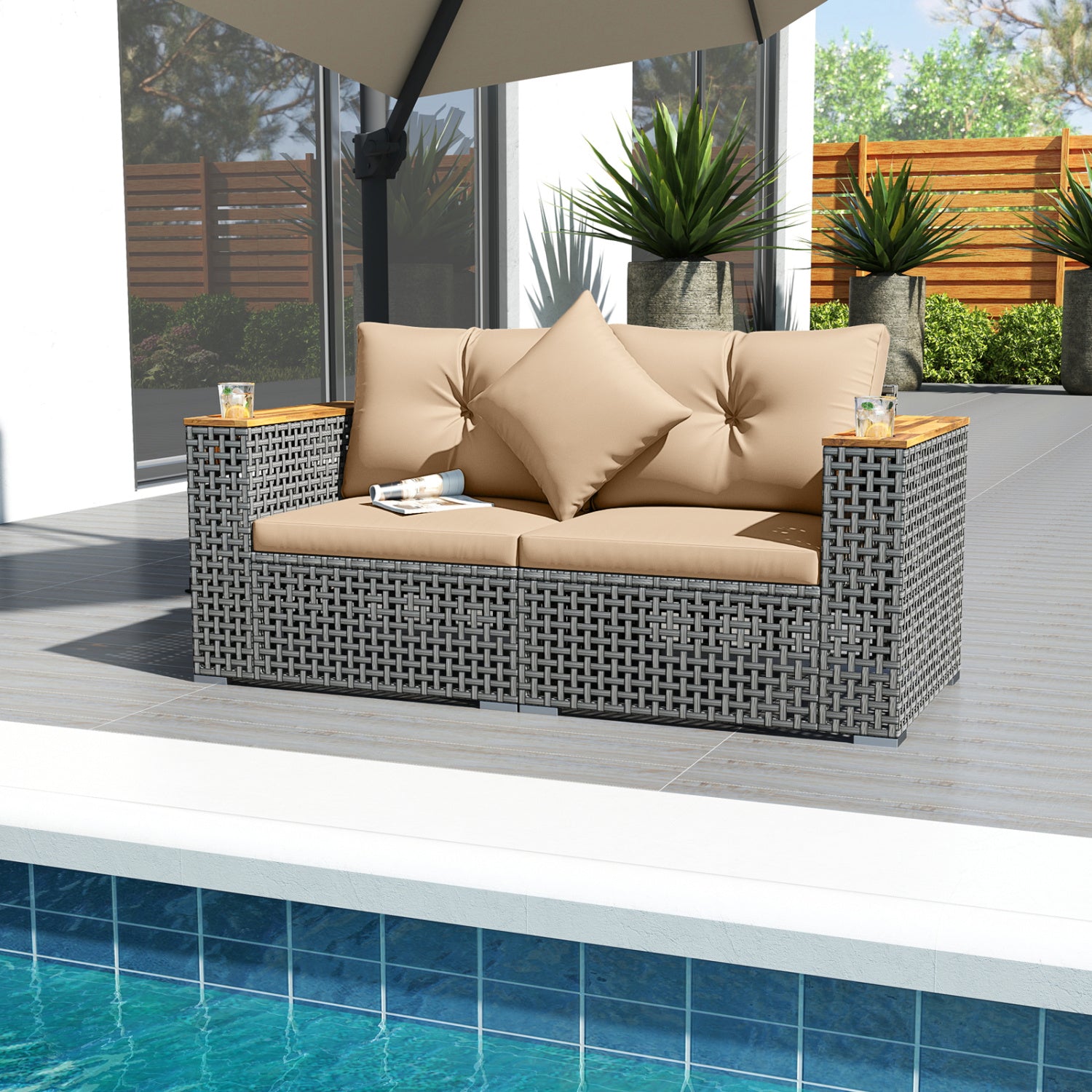2-Piece Patio Corner Sofa Set with Thick Cushions-Beige