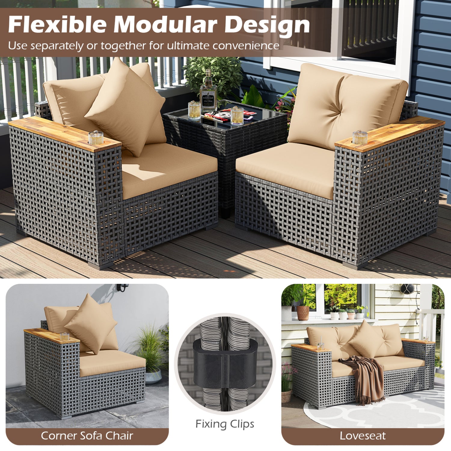 2-Piece Patio Corner Sofa Set with Thick Cushions-Beige