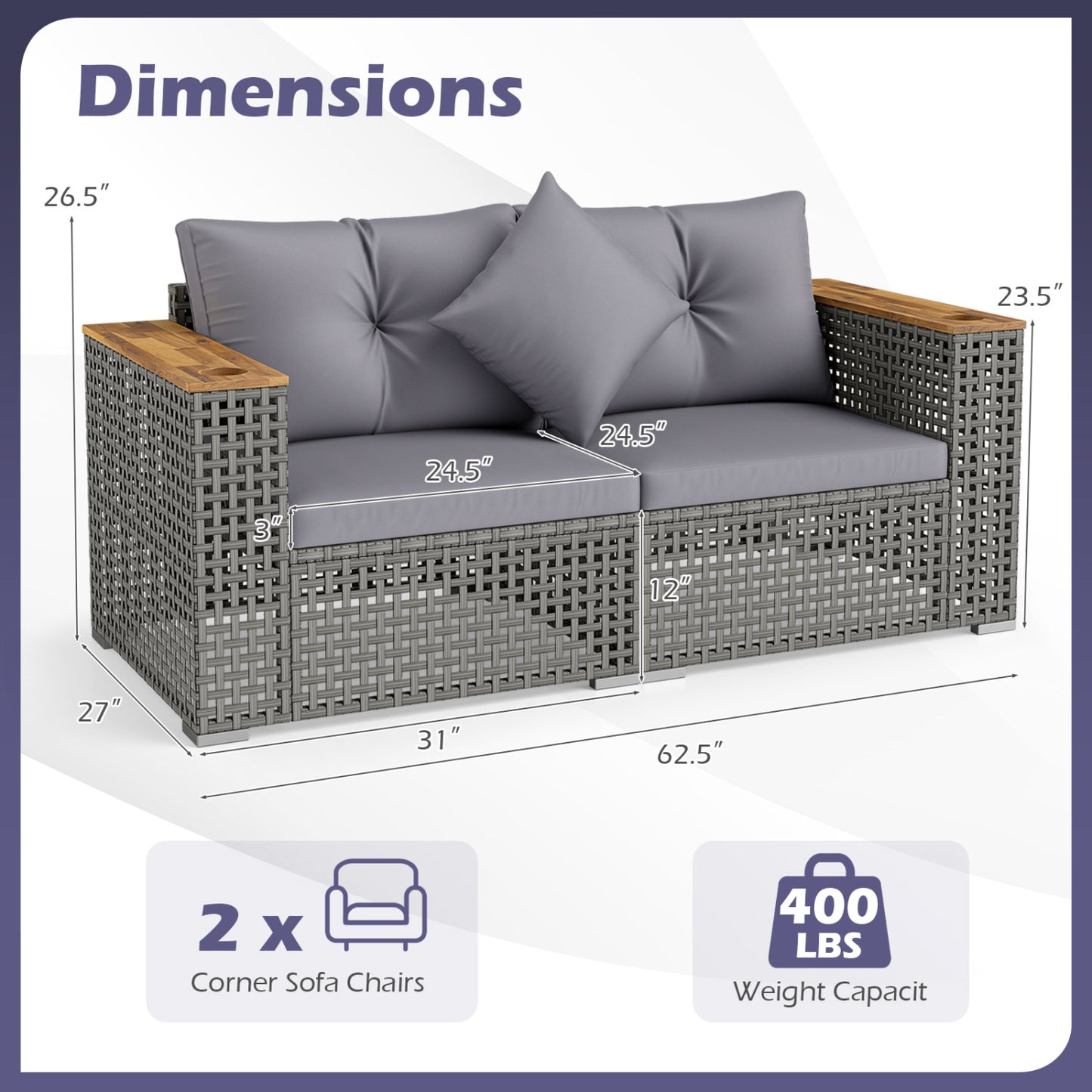 2-Piece Patio Corner Sofa Set with Thick Cushions-Gray