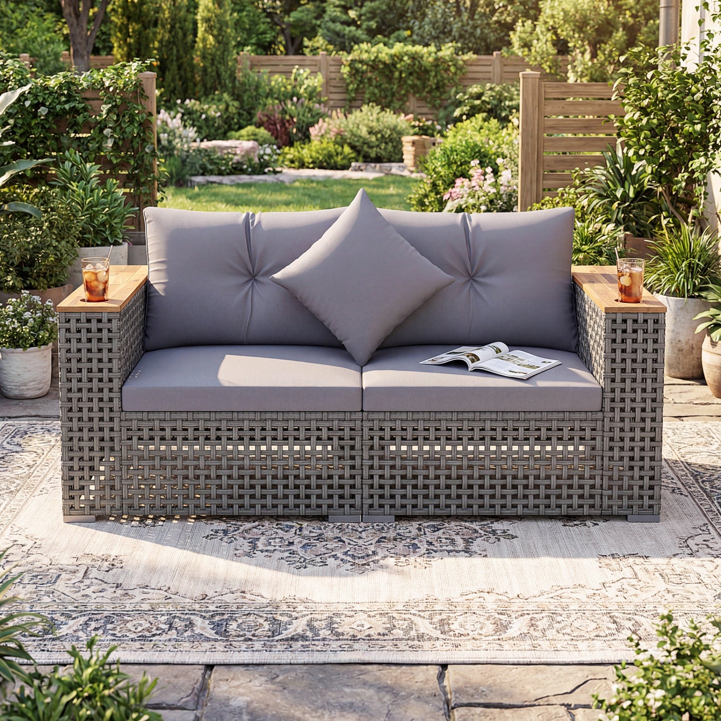 2-Piece Patio Corner Sofa Set with Thick Cushions-Gray