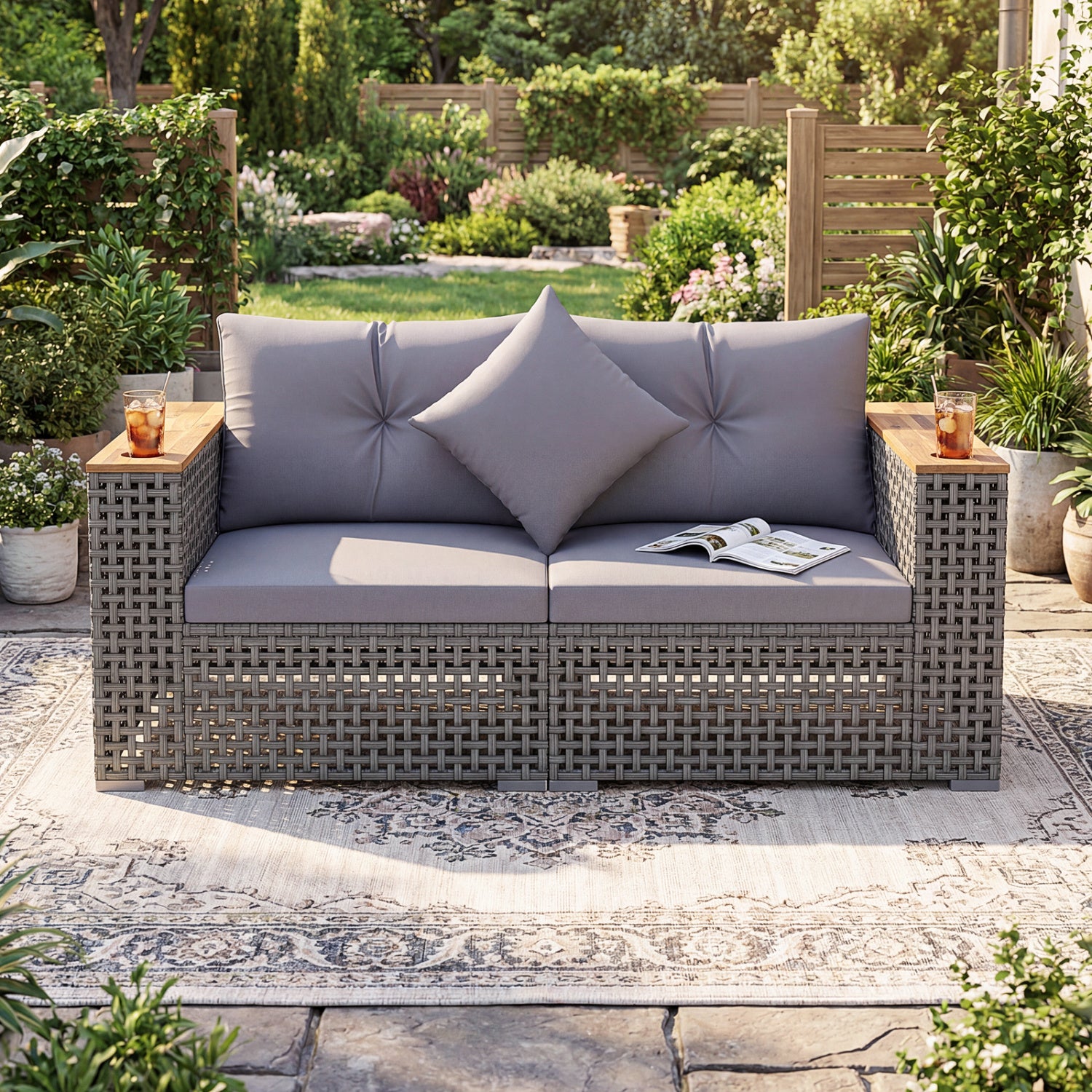 2-Piece Patio Corner Sofa Set with Thick Cushions-Gray