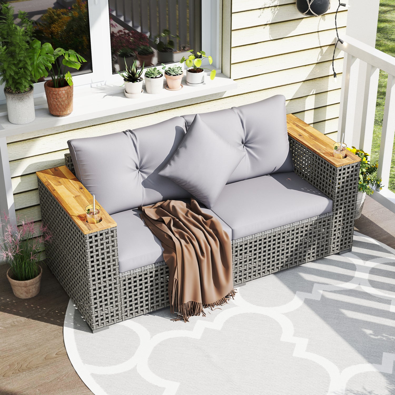 2-Piece Patio Corner Sofa Set with Thick Cushions-Gray