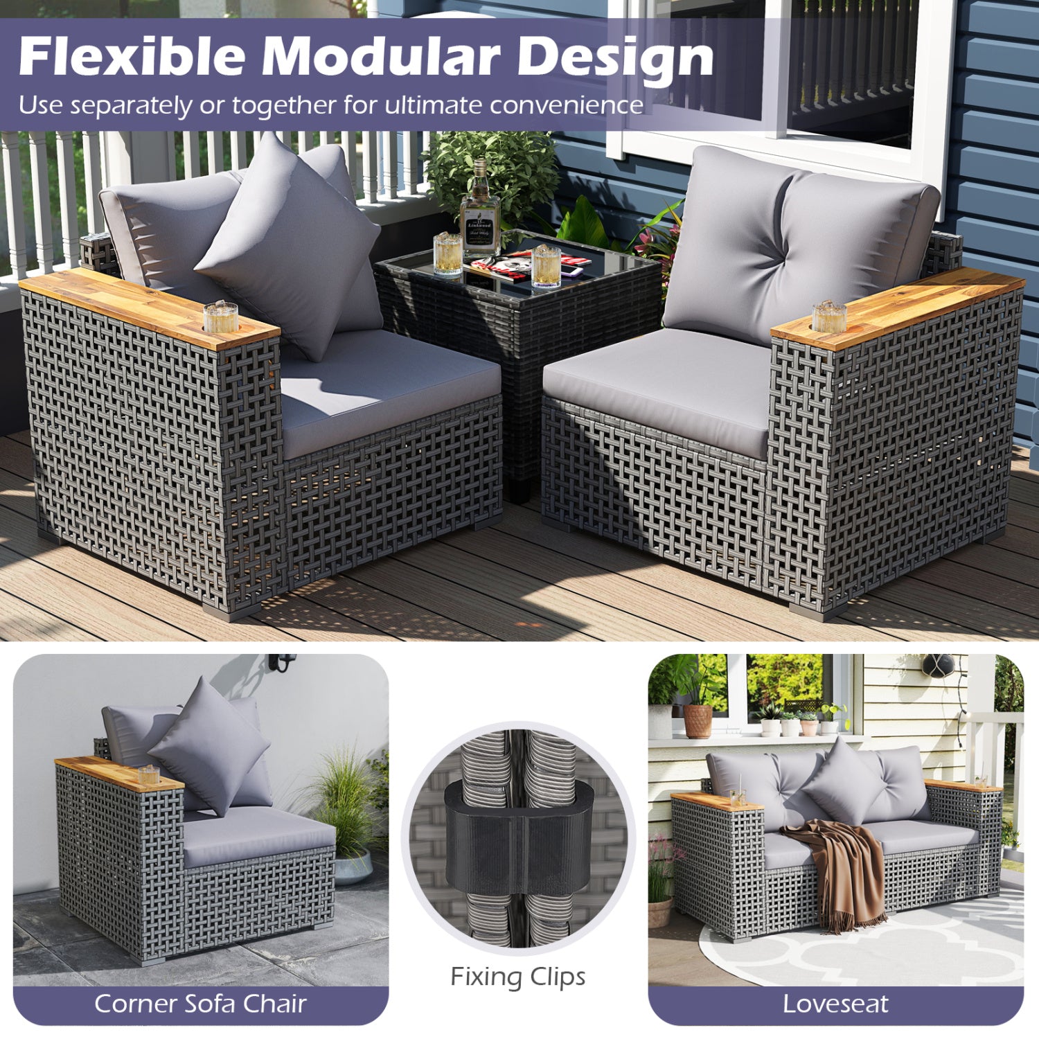 2-Piece Patio Corner Sofa Set with Thick Cushions-Gray
