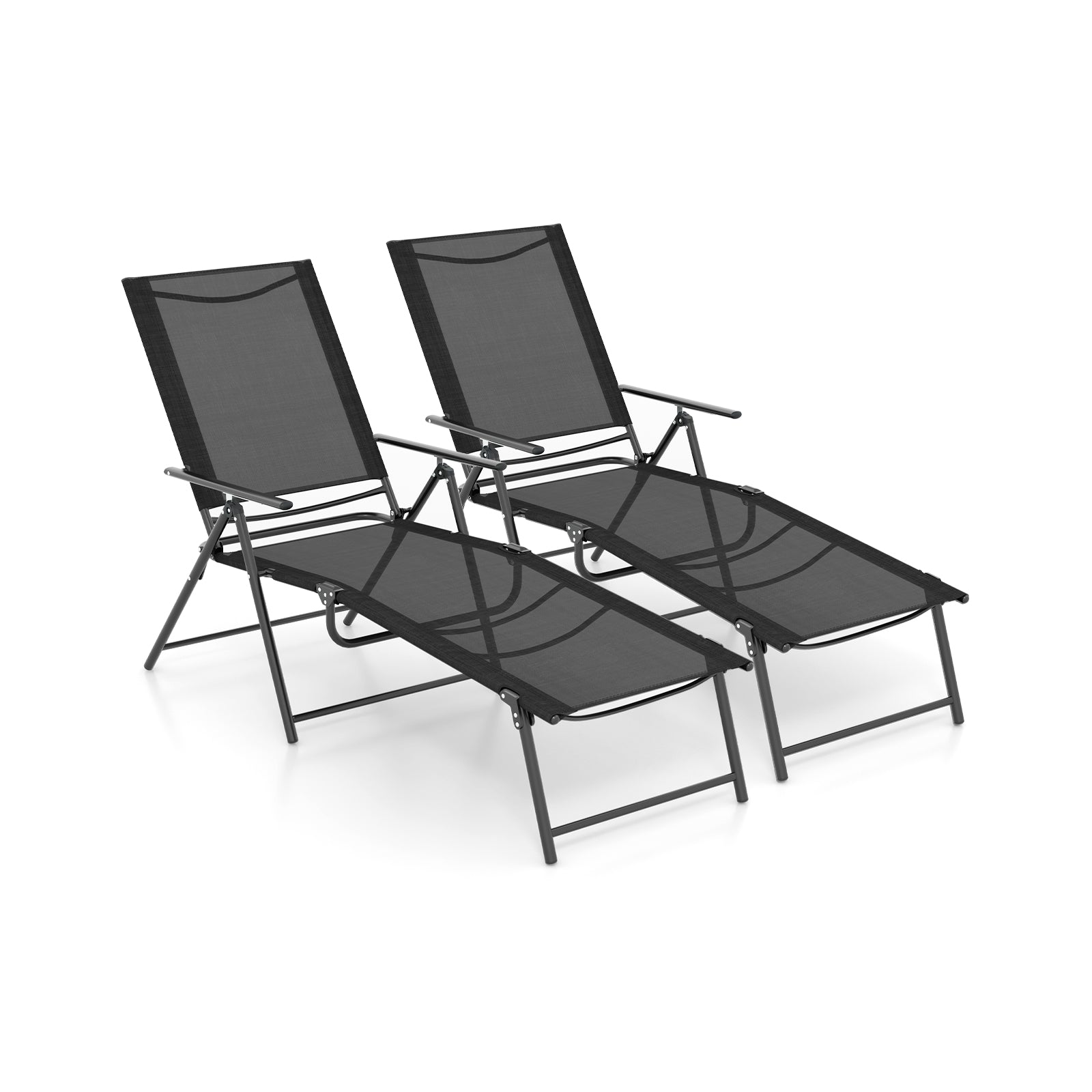 2 Piece Patio Folding Chaise Lounge Chairs Recliner with 6-Level Backrest-Gray - Black
