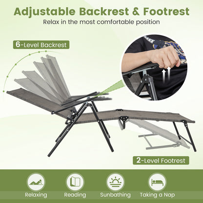 2 Piece Patio Folding Chaise Lounge Chairs Recliner with 6-Level Backrest