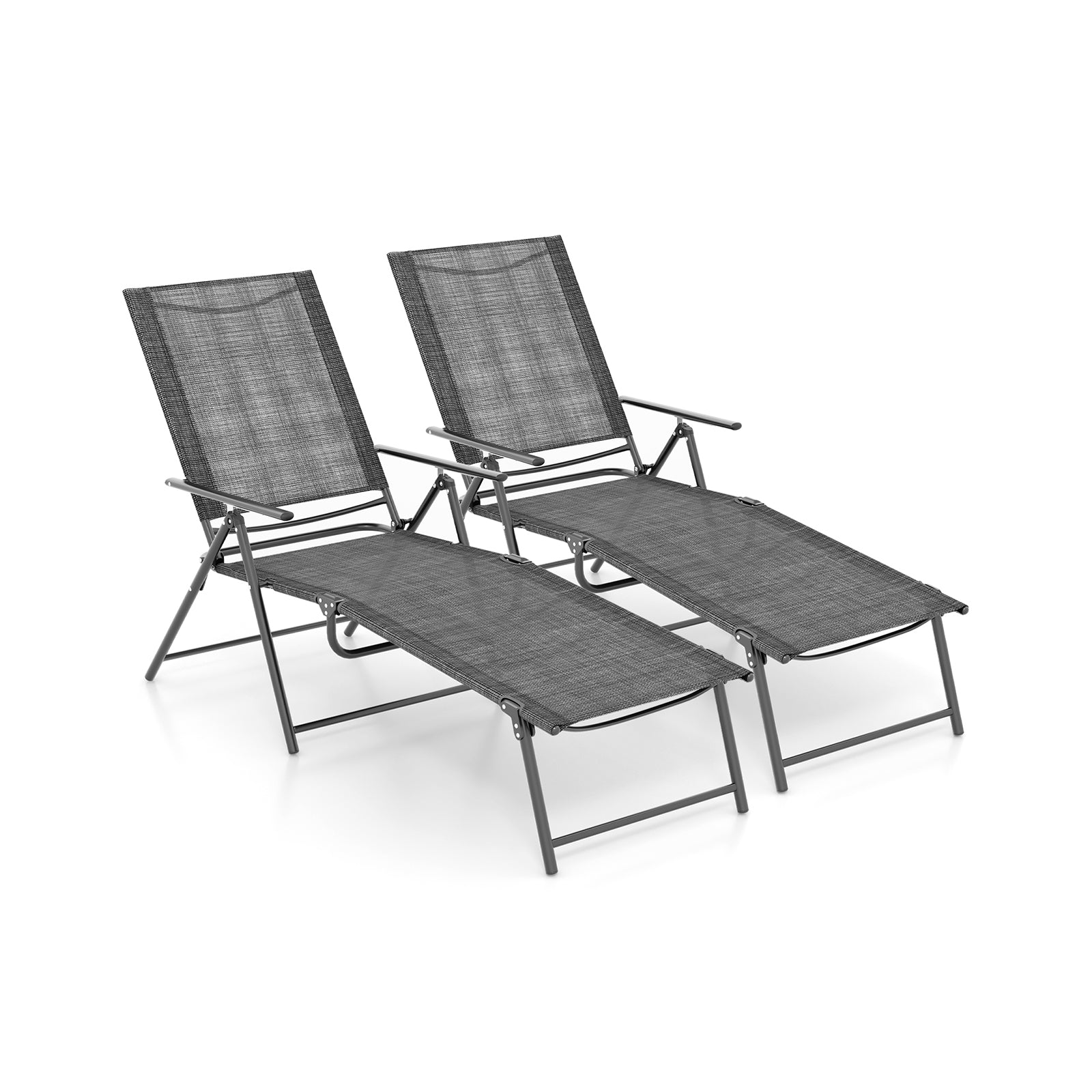 2 Piece Patio Folding Chaise Lounge Chairs Recliner with 6-Level Backrest-Gray - Gray