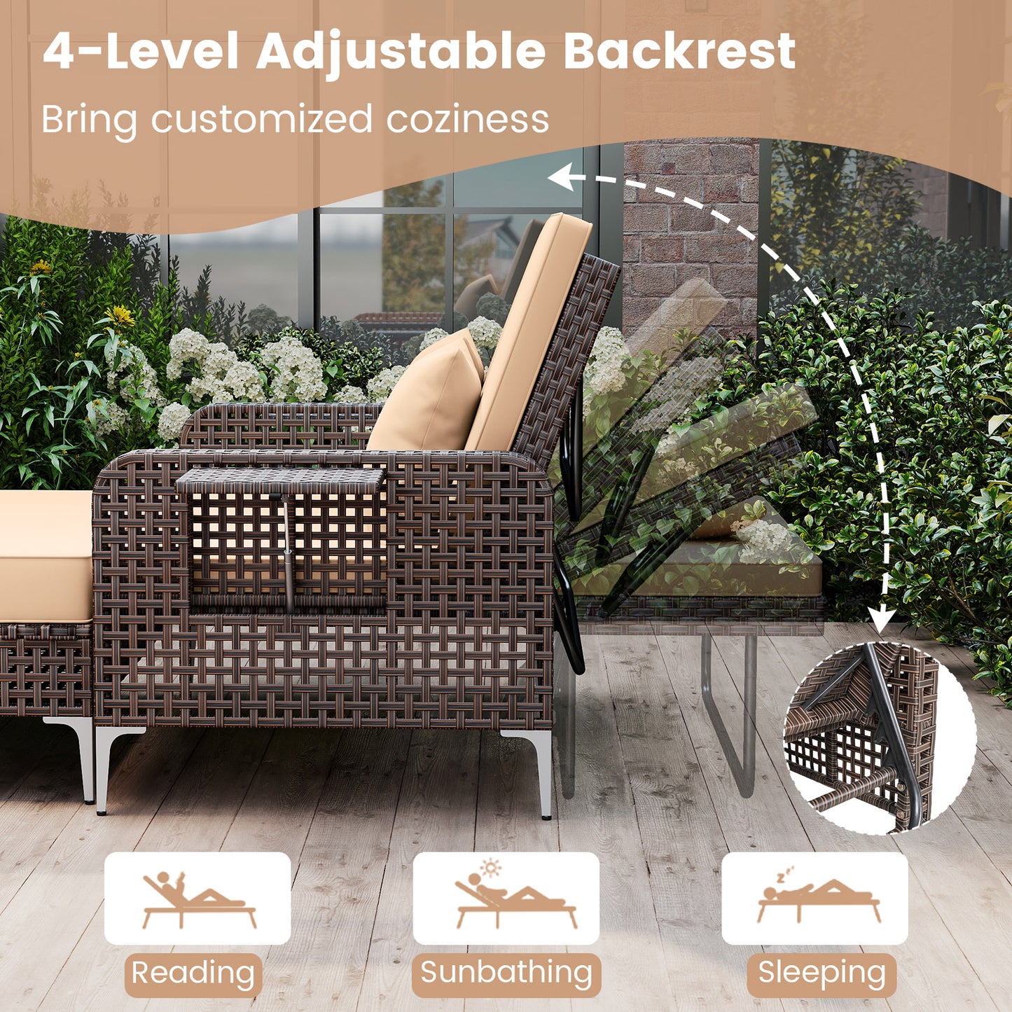 2 Piece Patio Rattan Daybed Wicker Loveseat and Ottoman with Adjustable Backrest-Brown