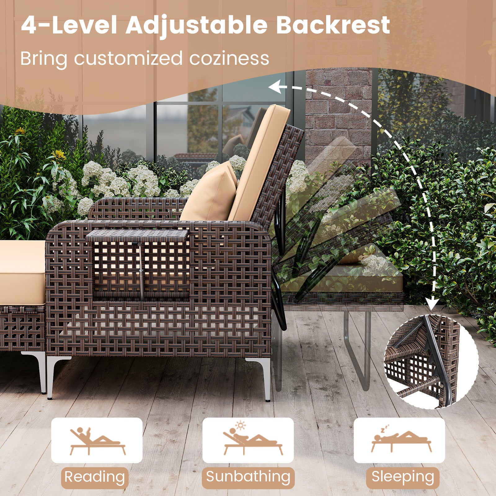 2 Piece Patio Rattan Daybed Wicker Loveseat and Ottoman with Adjustable Backrest-Brown