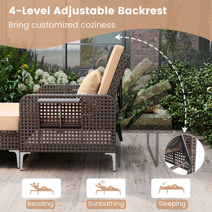 2 Piece Patio Rattan Daybed Wicker Loveseat and Ottoman with Adjustable Backrest-Brown