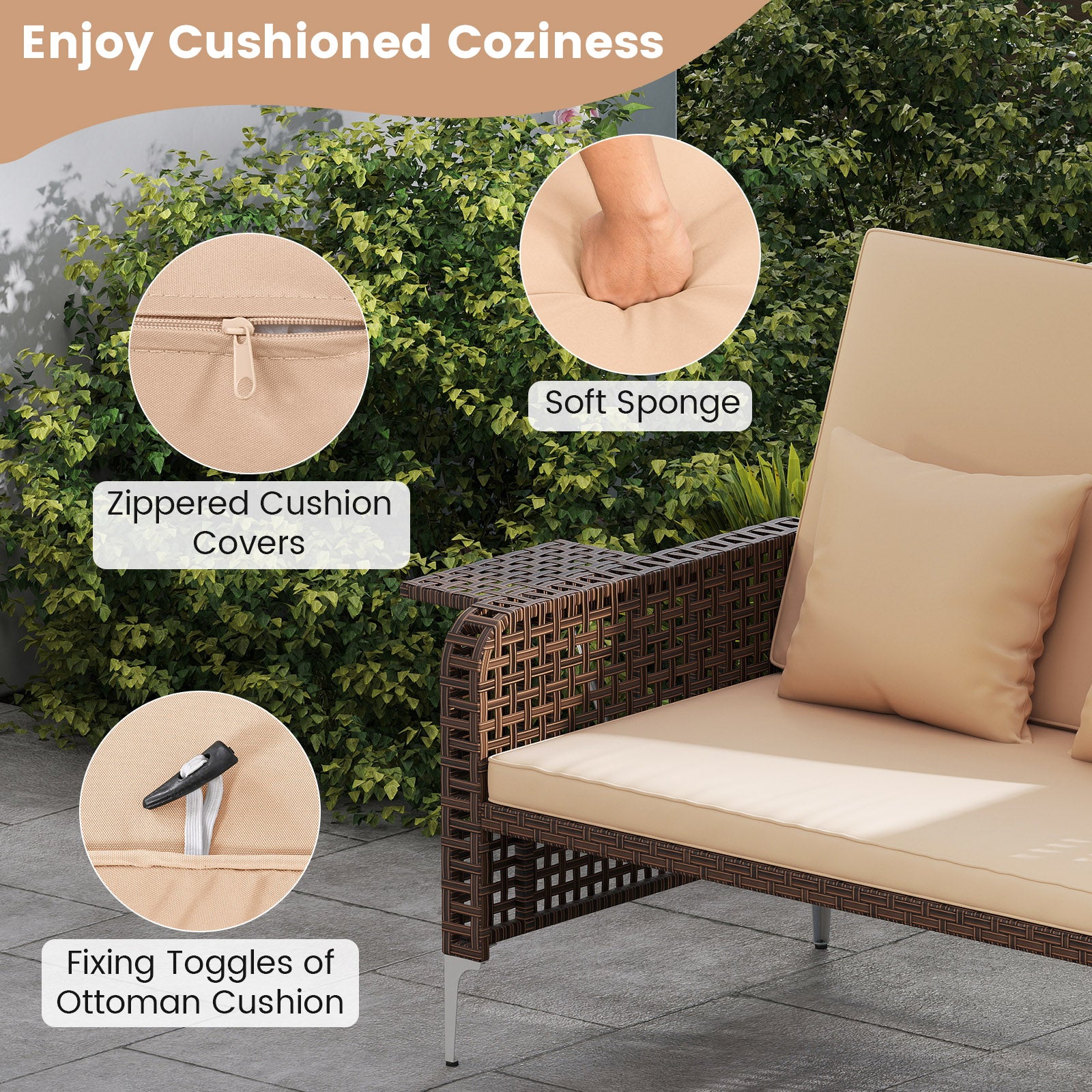 2 Piece Patio Rattan Daybed Wicker Loveseat and Ottoman with Adjustable Backrest-Brown