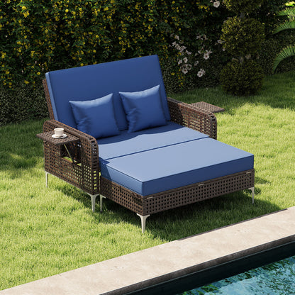 2 Piece Patio Rattan Daybed Wicker Loveseat and Ottoman with Adjustable Backrest-Navy
