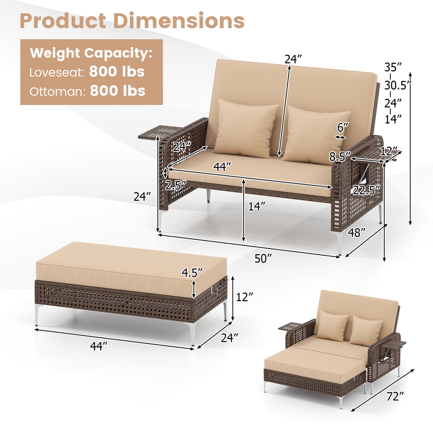2 Piece Patio Rattan Daybed Wicker Loveseat and Ottoman with Adjustable Backrest-Brown