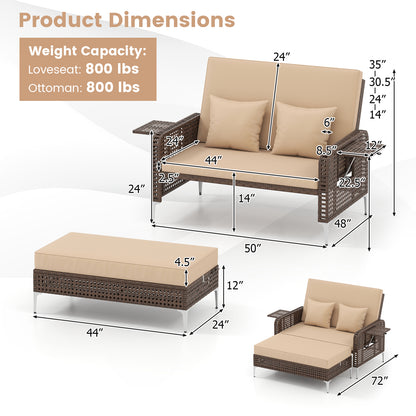 2 Piece Patio Rattan Daybed Wicker Loveseat and Ottoman with Adjustable Backrest-Brown