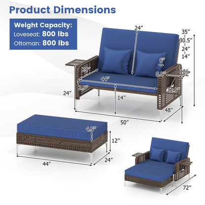 2 Piece Patio Rattan Daybed Wicker Loveseat and Ottoman with Adjustable Backrest-Navy