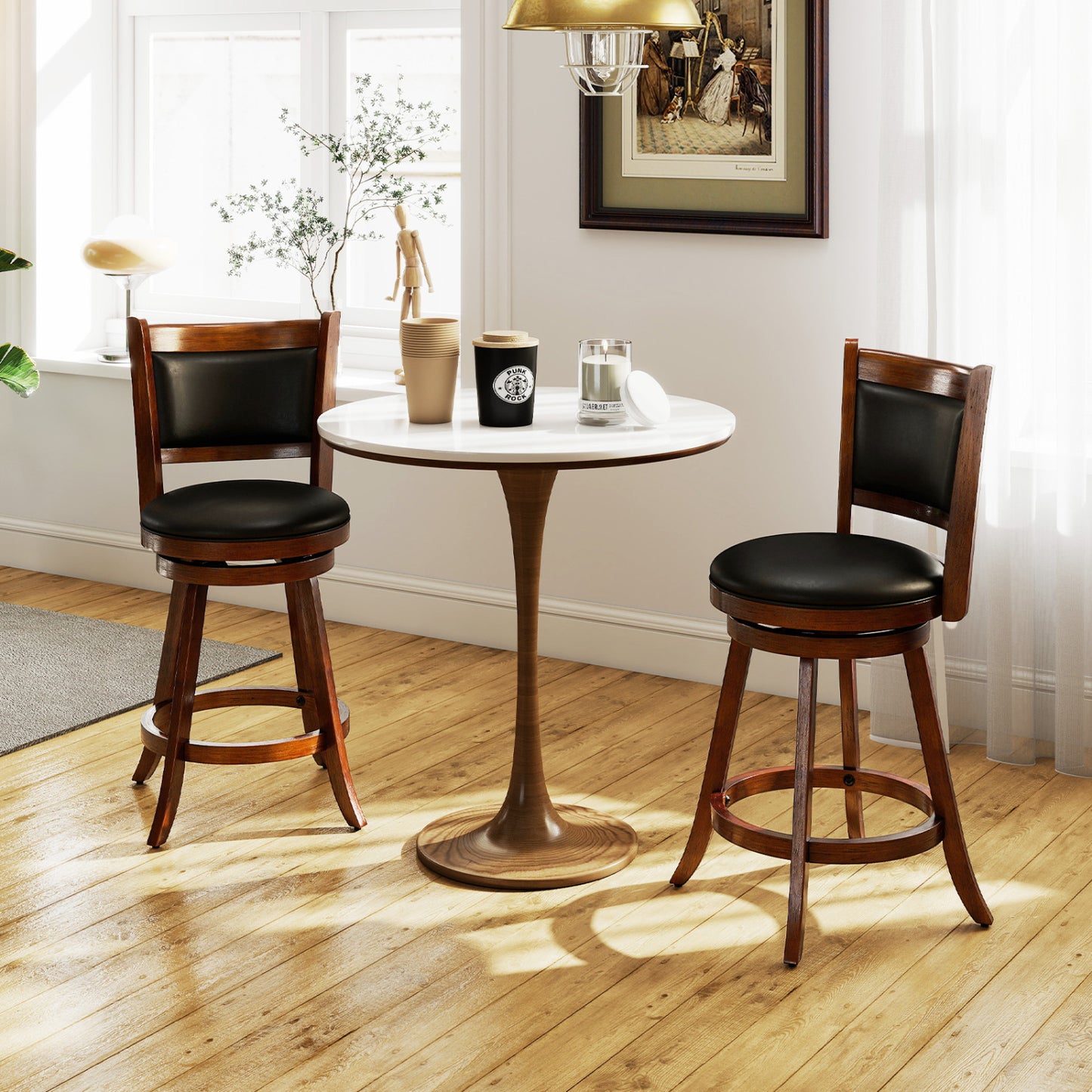 2 Pieces 24 Inches Swivel Counter Stool Dining Chair Upholstered Seat-Black - Brown